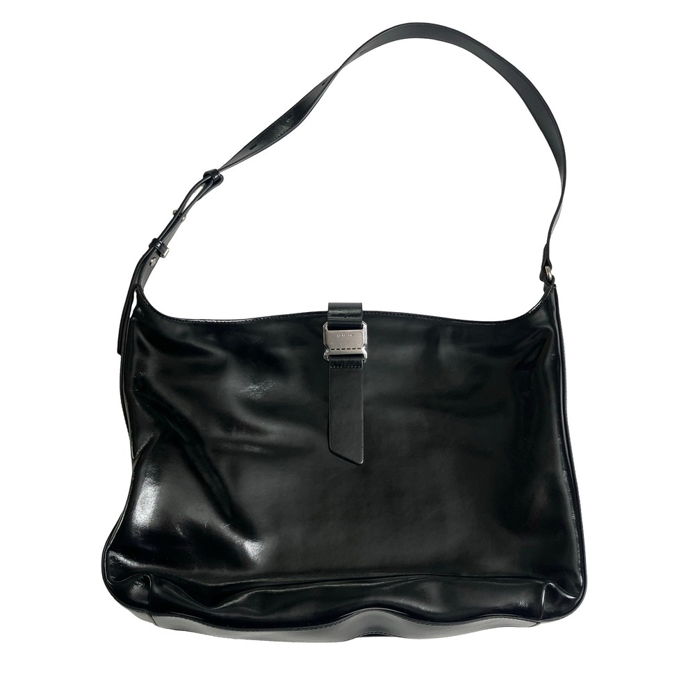 LA'FESTIN Shoulder Bag Womens Black Split Leather Adjustable Strap Silver Buckle